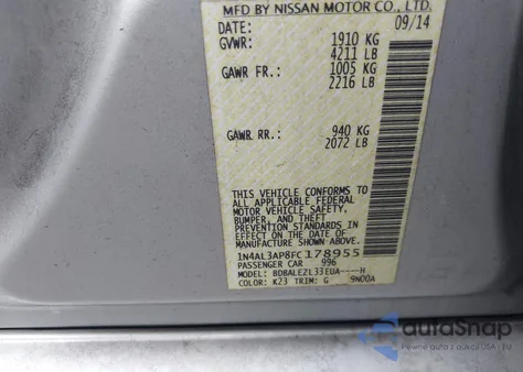 2015 Nissan Altima 2.5 S из США, поврежденный, VIN 1N4AL3AP8FC178955